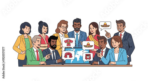 Diverse business team discussing global market trends with cultural icons