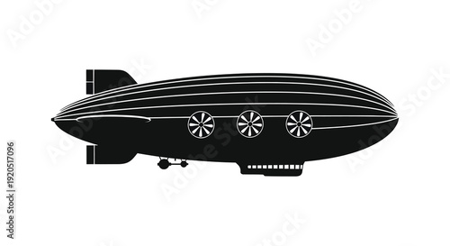 A striking black graphic depicts a vintage airship with detailed lines and circular engine cutouts silhouette high quality professional