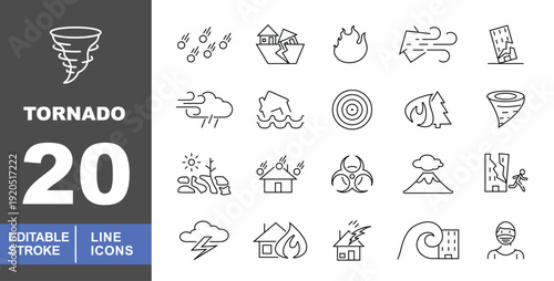 Natural Disaster & Emergency Icons. Editable stroke icons for safety alerts. Featuring tsunamis, wildfires, meteor showers, biohazards, and house fires for web and mobile UI design.