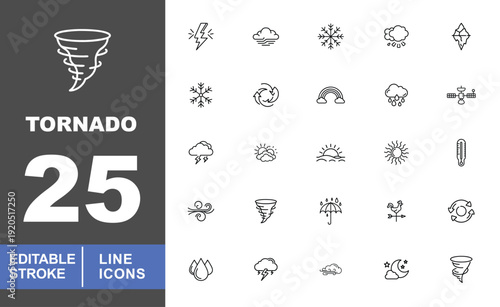 Weather & Climate Line Icon Set. Editable stroke icons for forecasting. Featuring lightning, rainbows, snow, sun intervals, thermometers, and satellite symbols for web and mobile UI.