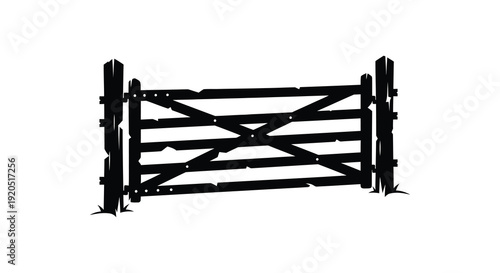 A stark black gate illustration with a rustic wooden design is prominently displayed as a silhouette high quality professional