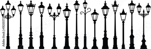 Collection of diverse vintage street lamp silhouettes on a white background Keywords: street lamp, lamp post, vintage, antique