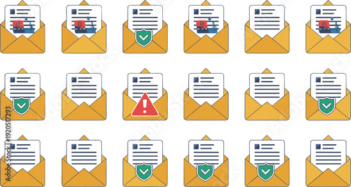 Secure email notification icons illustration, envelope messages with shield check verification and warning alert