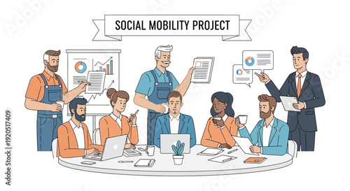 Diverse team collaborating on social mobility project with laptops and documents
