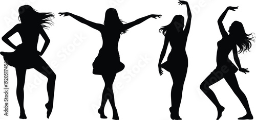 Four Silhouettes Of Women Dancing In Various Poses On White Background woman dancer