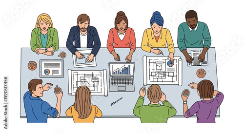 Diverse team collaborating on project with laptops and documents in modern meeting room