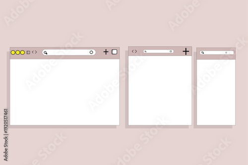 Browser web window mockup, simple blank web page frame, search in internet, template browser window on laptop computer, tablet and smartphone