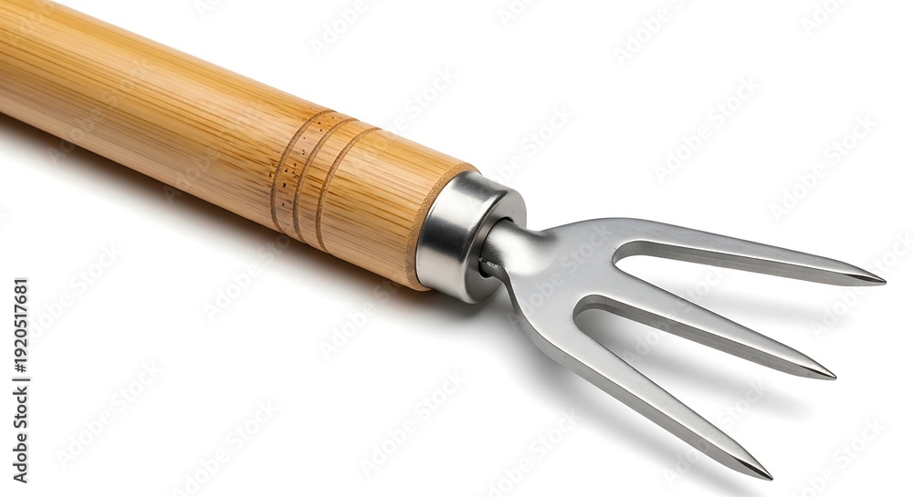 Fototapeta premium A close-up of a meat fork with a wooden handle and serrated metal tines on a white surface.