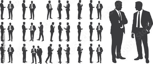 Black silhouette business people conversation poses professional communication interaction teamwork corporate discussion gesture office meeting presentation flat vector illustration
