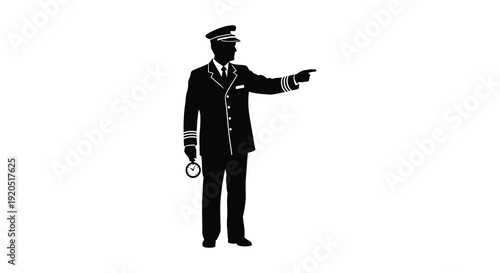 A sharply defined silhouette depicts a uniformed captain gesturing with his right hand indicating direction silhouette high quality professional