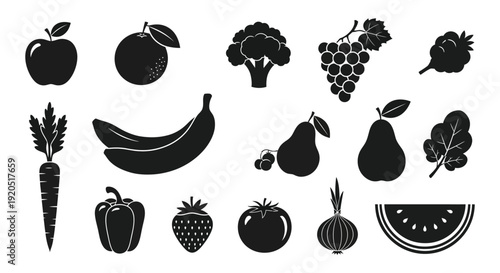 A collection of various fruits and vegetables depicted in a simple black and white graphic silhouette high quality professional