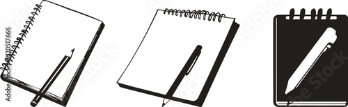 Black and white spiral bound notebooks with pens pencils illustration education writing stationery office supplies design sketch flat vector artwork