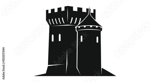 A stark black depiction of a medieval castle tower with battlements against a white background silhouette high quality professional