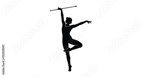 A dynamic black silhouette depicts a rhythmic gymnast performing with a ribbon showcasing grace and athleticism silhouette high quality