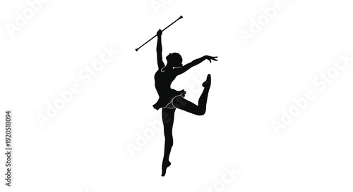 A dynamic black silhouette depicts a dancer in mid leap gracefully extending limbs while holding a baton silhouette high quality