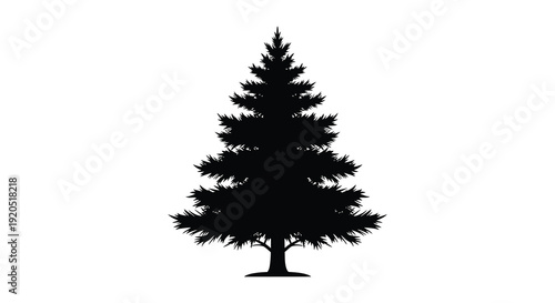 A stark black silhouette of a coniferous tree stands prominently against a plain white background silhouette high quality professional