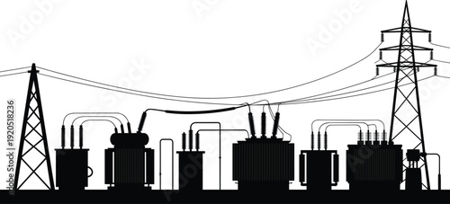 Silhouette of electrical substation with transformers and transmission towers Keywords: electricity, power, substation