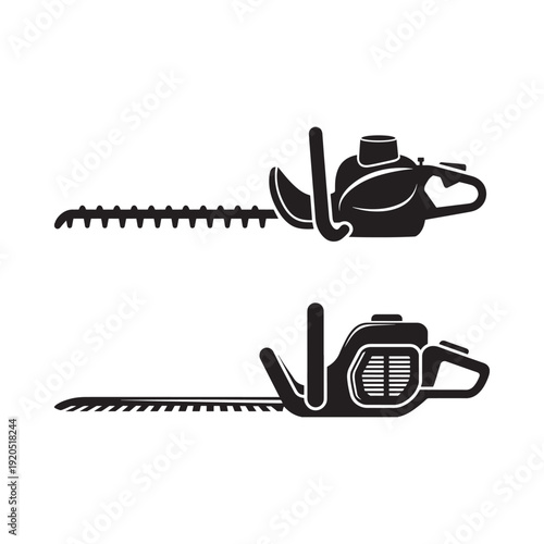 Black silhouette icons of a hedge trimmer and a chainsaw side view