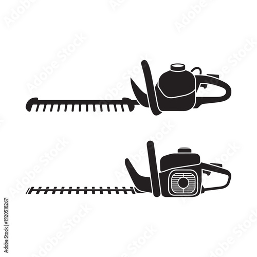 Two black silhouette images of electric hedge trimmers side and top views