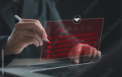 Business analyst reviewing low rating feedback on digital evaluation panel with one star score. Concept of customer dissatisfaction, service quality issue, performance review, complaint management, an