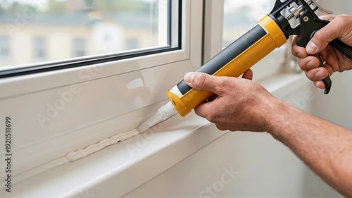 close up of worker using caulking gun to apply silicone sealant along window frame for insulation and waterproof sealing