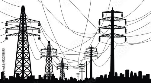 Silhouette of power pylons and city skyline against a white background Keywords: electricity, power lines, power pylons