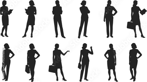 Black silhouette professional women business attire diverse poses corporate career office colleagues standing confident gesture leadership teamwork flat vector illustration