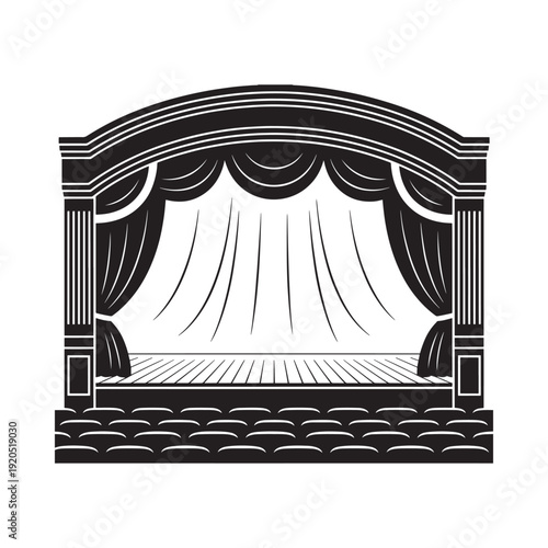 A black and white illustration of a classic theater stage with curtains