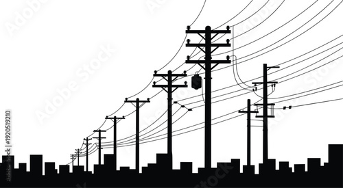 Silhouette of Telephone Poles and Power Lines Against City Skyline electricity wires