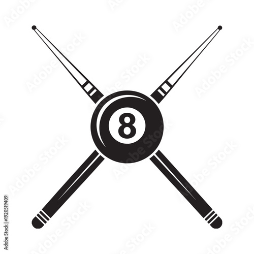 Black and white illustration of crossed billiard cues and an eight ball