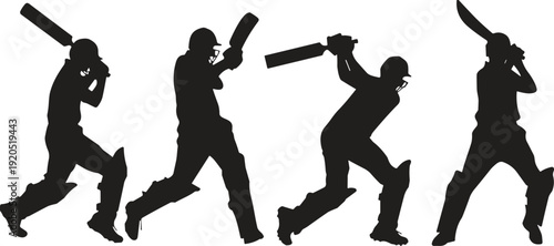 Black silhouettes cricket players batting poses helmets pads sports action dynamic motion technique athleticism game competition training flat vector illustration