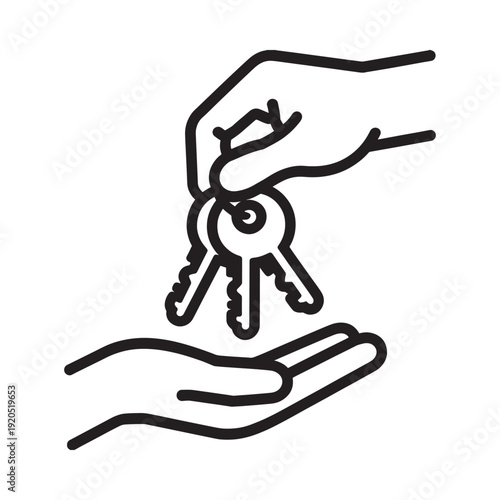 Hand offering keys a simple black and white line drawing illustration