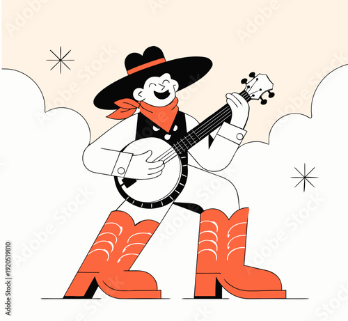 artoon cowboy in big hat playing banjo, flat vector illustration with western theme and orange accents.