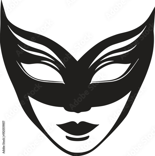 Stylized dramatic masquerade mask face silhouette, ornate design with sharp extensions, mysterious artistic concept illustration for visual arts, flat vector