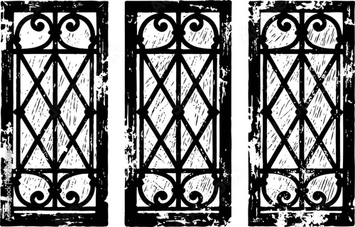 vintage wrought iron fence panels with ornamental scrollwork and distressed texture design