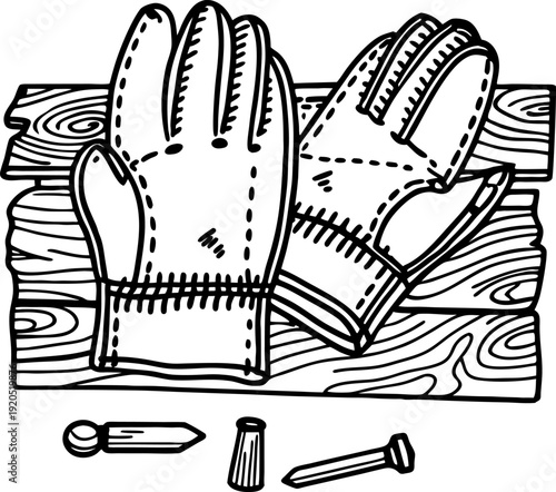 work gloves with nail and tool on wooden surface protective handwear for manual labor and construction tasks