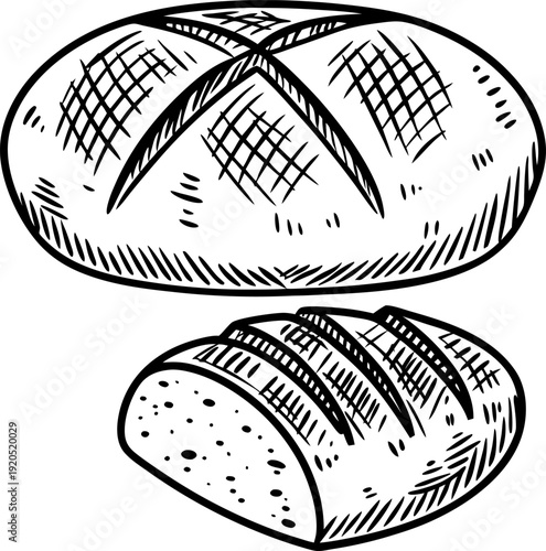 Hand drawn rustic round and sliced bread loaves, bakery products sketch in black and white
