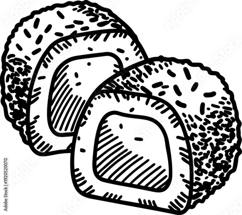 Hand drawn mochi ice cream dessert cut in half with detailed textured exterior and smooth filling