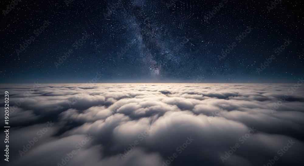 Fototapeta premium Aerial view of ethereal cosmic cloudscape with Milky Way galaxy core rising above fluffy cumulus clouds, surreal space and earth fusion, celestial landscape with starry night sky and illuminated
