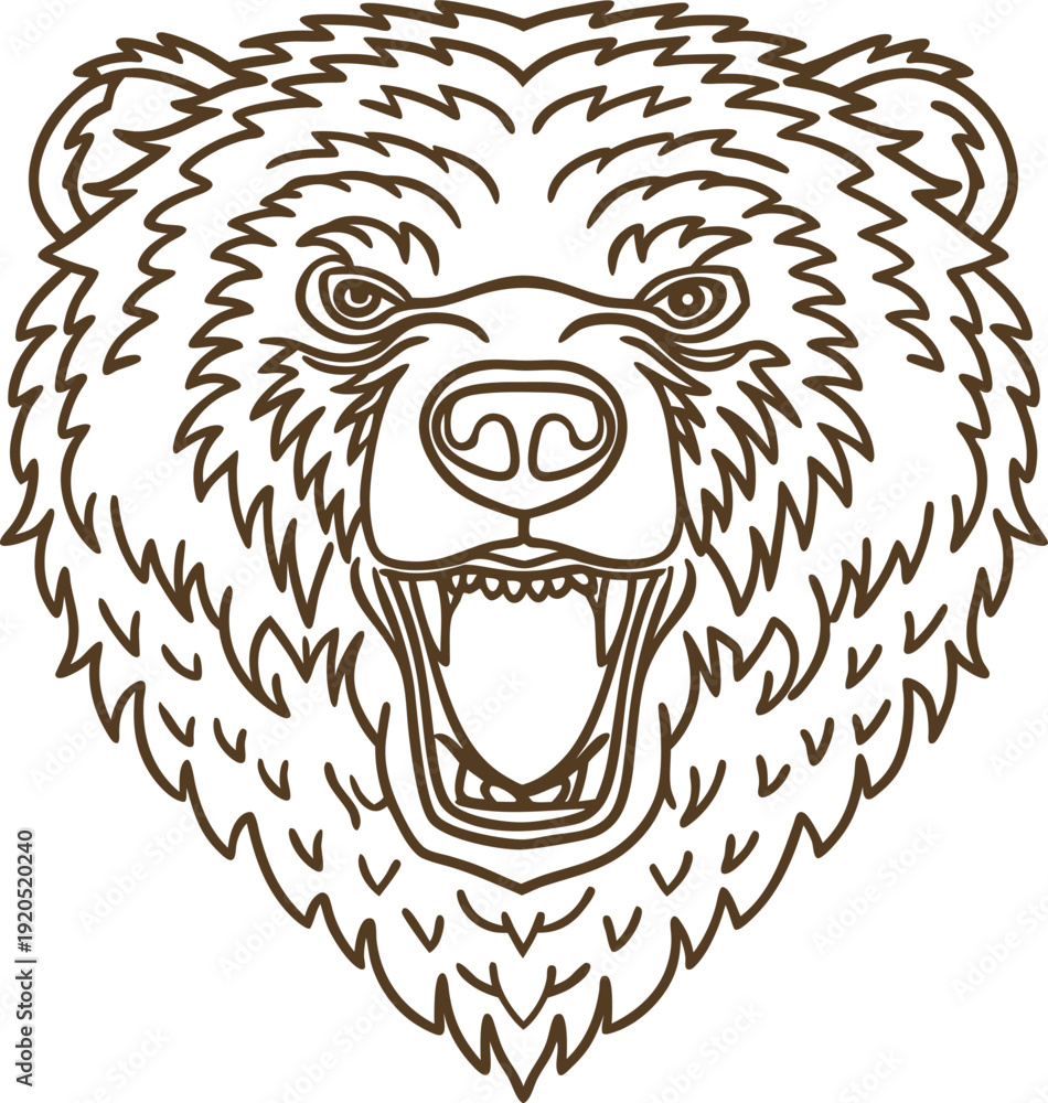 Fototapeta premium Roaring bear head illustration with open mouth and sharp teeth detailed outline drawing