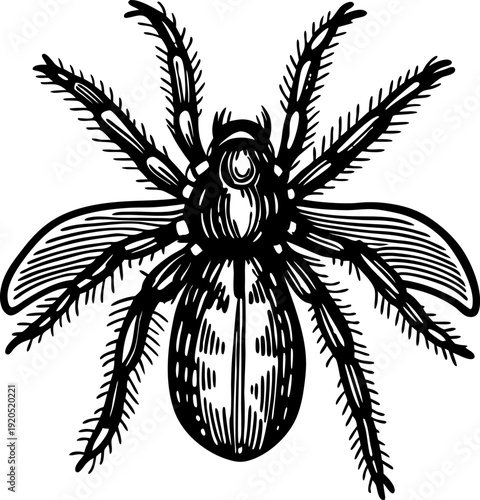 detailed black and white illustration of a spider with eight hairy legs and segmented body