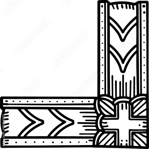 Decorative corner ornament with geometric and floral cross design, black line art illustration