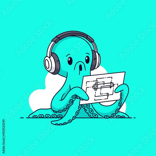 Octopus listening to music with headphones and reading a sheet.