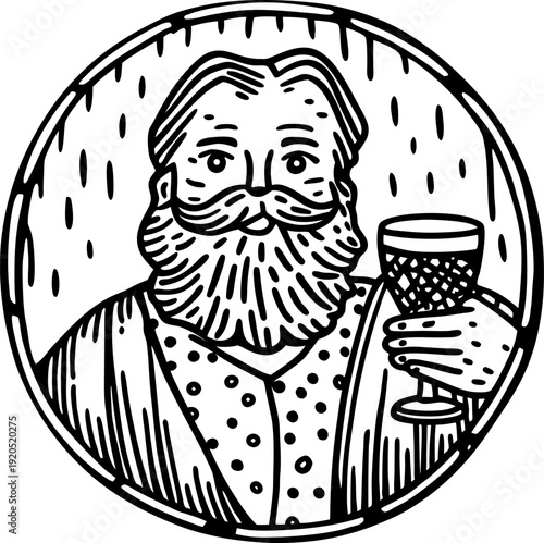 Bearded man with mustache holding a glass of wine in circular frame vintage woodcut