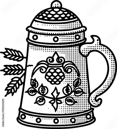 ornate vintage beer stein with decorative floral and grape motifs, barley ears detail