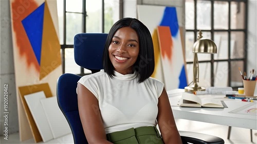 Talented African American female art director reflecting with a genuine smile in her creative studio workspace
