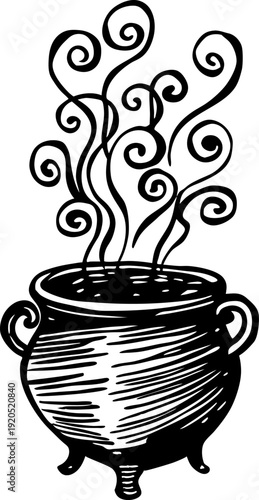 Black cauldron with swirling steam rising in mystical magical illustration