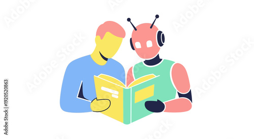 Man and Robot Reading Book Together.