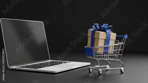 Laptop and shopping cart with gift on dark background.