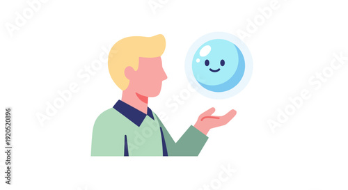 Man Holding Smiling Blue Orb Illustration.